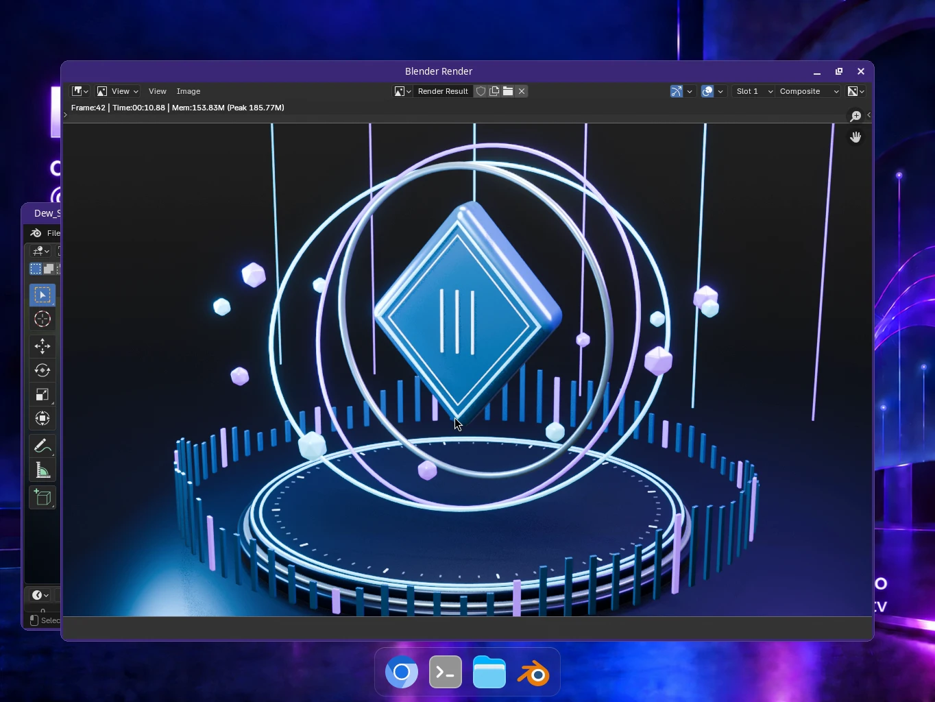 Blender’s Render Result window displaying the illuminated blue Signal Engine and identifying frame 42.