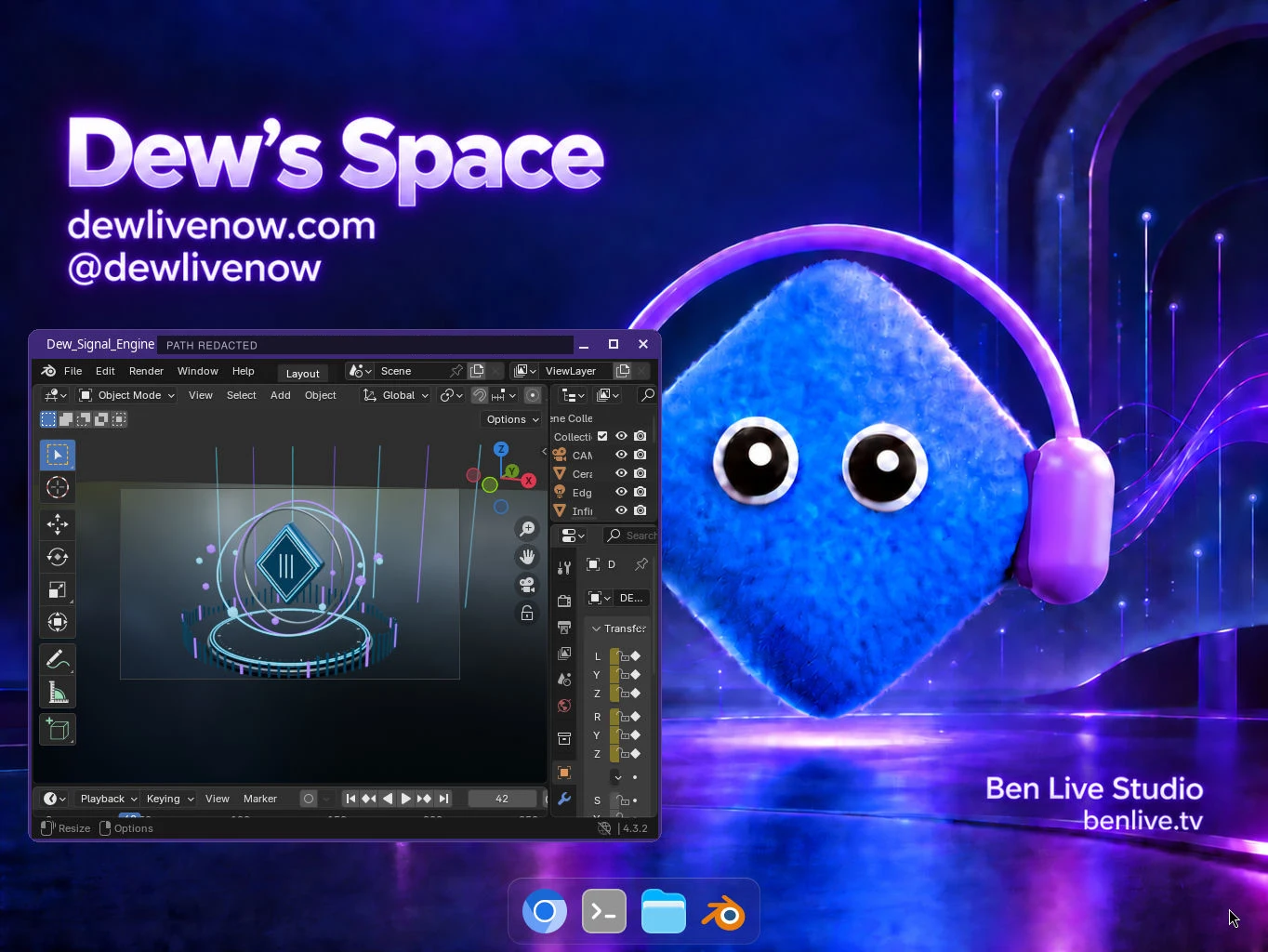 Blender open over Dew’s blue and purple cloud-desktop wallpaper, with the Signal Engine visible in the camera view.