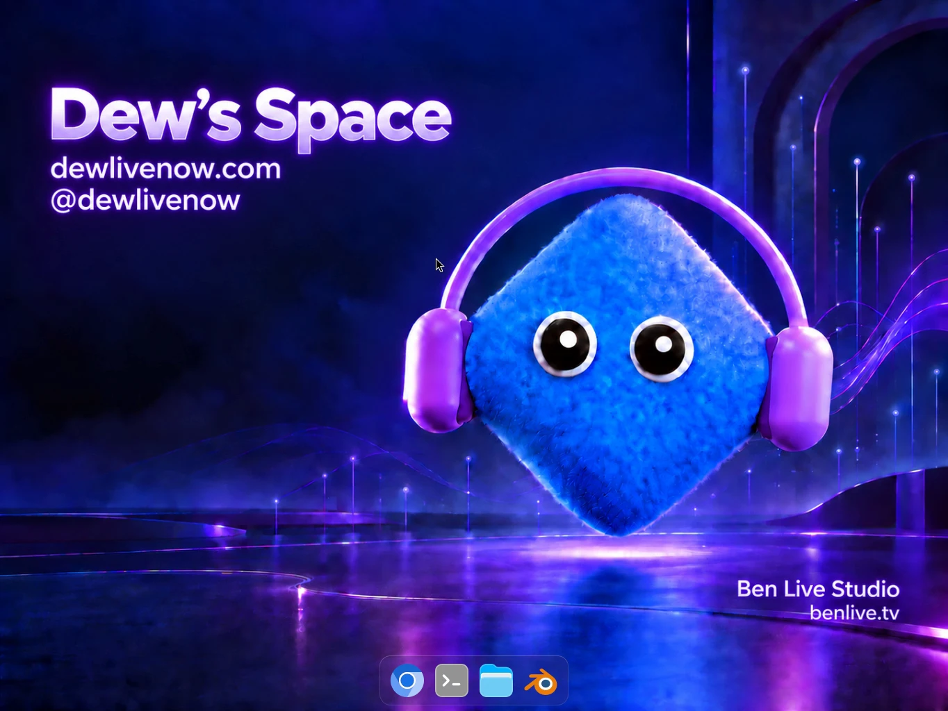 Dew’s blue plush character with purple headphones on a blue and violet desktop wallpaper, with Dew’s Space and the approved studio branding visible.
