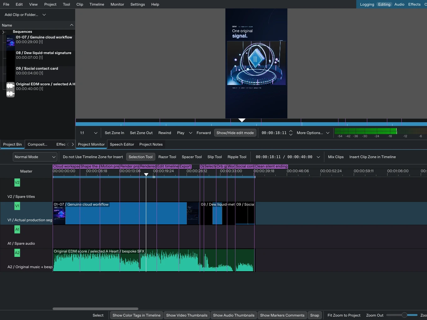 The current 40-second reel open in Kdenlive, with 29 seconds of workflow, a seven-second Dew signature, a four-second contact card and the final soundtrack in the timeline.