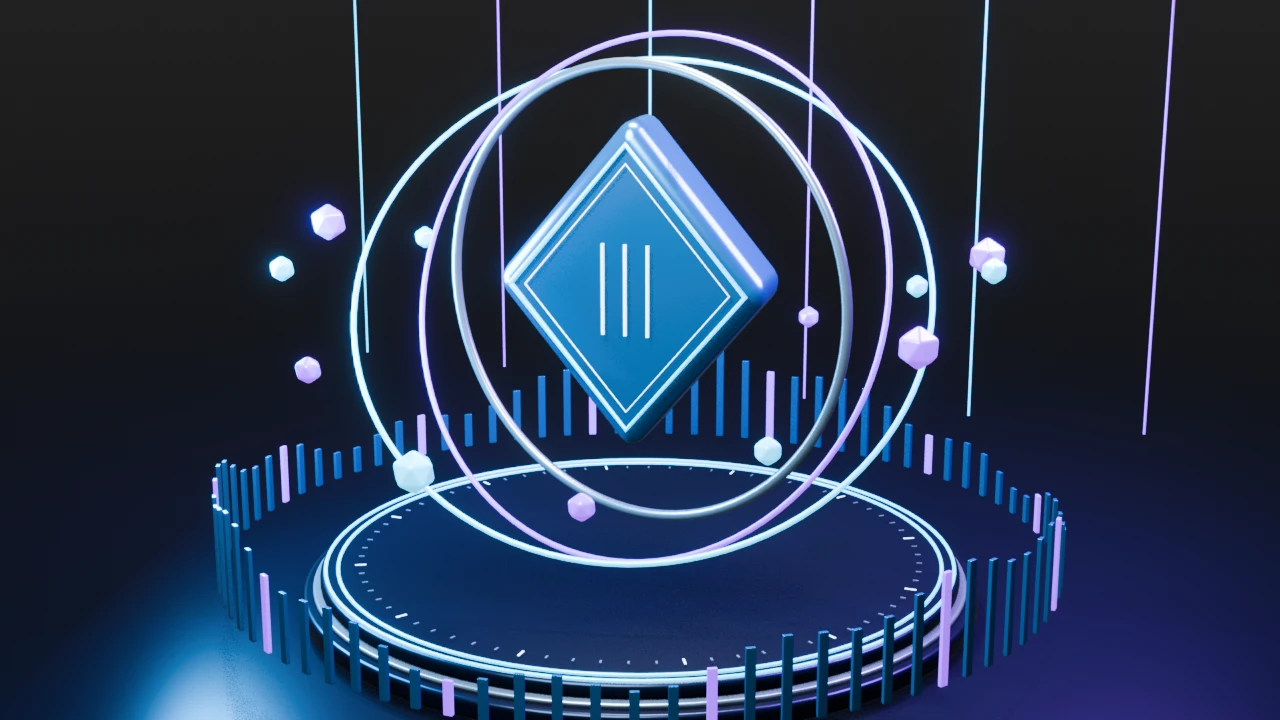 A blue prism surrounded by glowing cyan and violet rings, small satellites, and waveform fins above a circular stage.